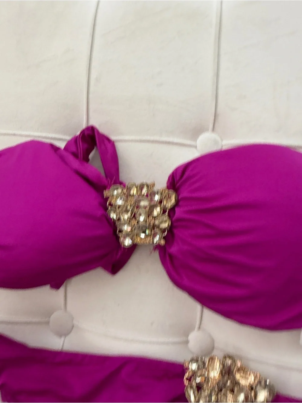 Beach Bunny Magenta Bandeau Bikini with Gold Gem Embellishments: read!